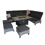 The Camilla High Back Casual Dining Firepit suite by Innovators International is a stylish and contemporary all weather garden furniture suite.
