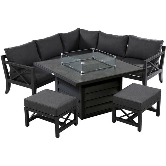 Sorrento Casual Dining Firepit suite by Hartman is an all weather garden furniture suite made with aluminium and weather ready cushions.