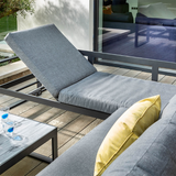 Vienna Sunlounger Corner suite by Hartman is an all weather garden furniture suite made with aluminium and weather ready cushions. The side can be used either as a sunlounger or as a sofa