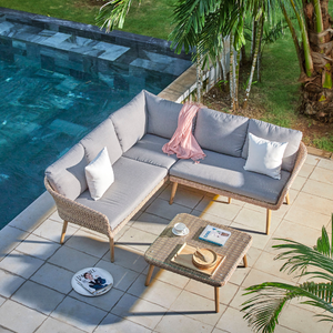 The Grenada Corner Suite by Sunnii Lifestyle effortless combines all weather wicker with hardwood acacia to stunning effect to create this contemporary garden furniture suite