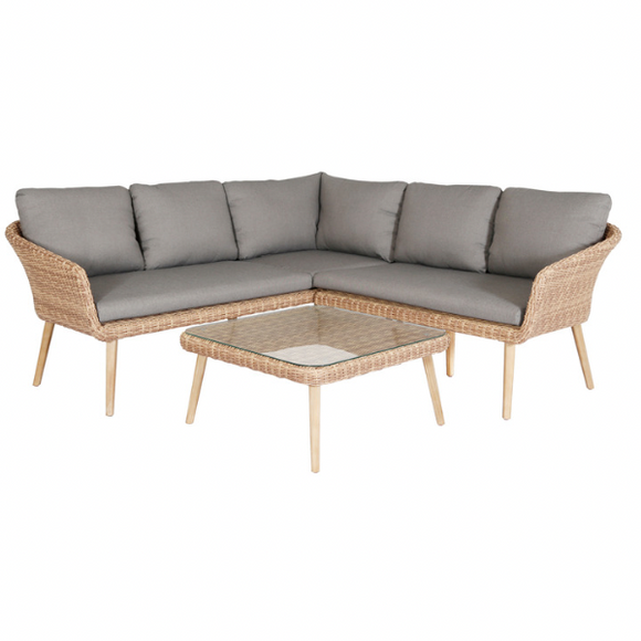 The Grenada Corner Suite by Sunnii Lifestyle effortless combines all weather wicker with hardwood acacia to stunning effect to create this contemporary garden furniture suite