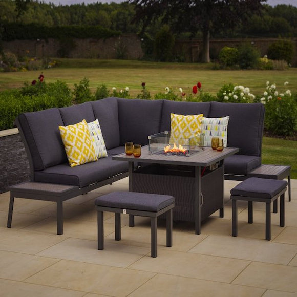 The Milano Deluxe Firepit suite by Leisuregrow is an all weather garden furniture suite by leisuregrow combining aluminium frames and weather ready cushions